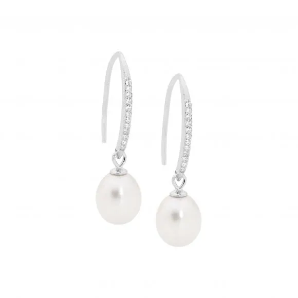 Ellani Sterling Silver CZ and Pearl Earrings E514S