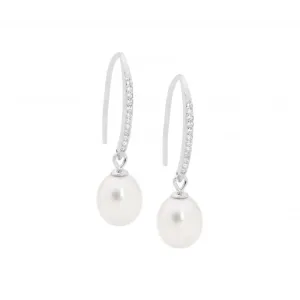 Ellani Sterling Silver CZ and Pearl Earrings E514S