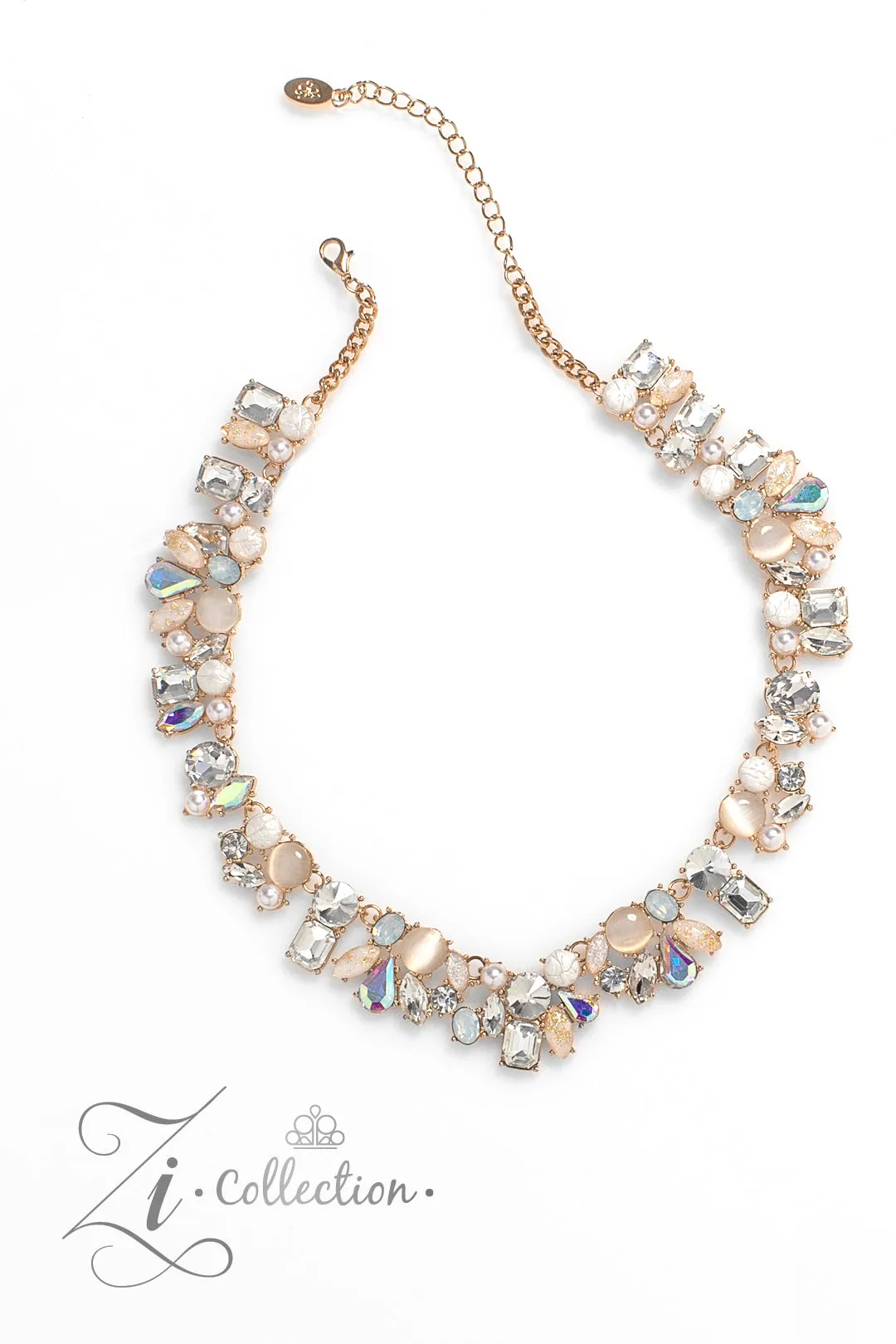 Enchanting - 2023 Zi Collection - Gold with White and Iridescent Gem and Cat's Eye Stone Paparazzi Short Statement Necklace