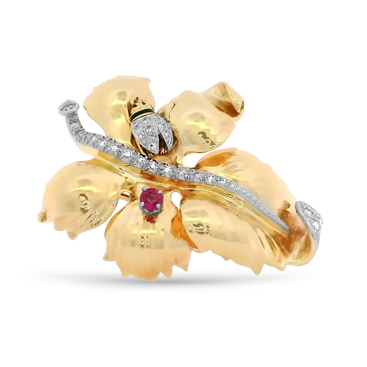 Estate 14k Yellow Gold Diamond and Ruby Leaf Brooch with Ladybug Detail