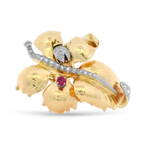 Estate 14k Yellow Gold Diamond and Ruby Leaf Brooch with Ladybug Detail