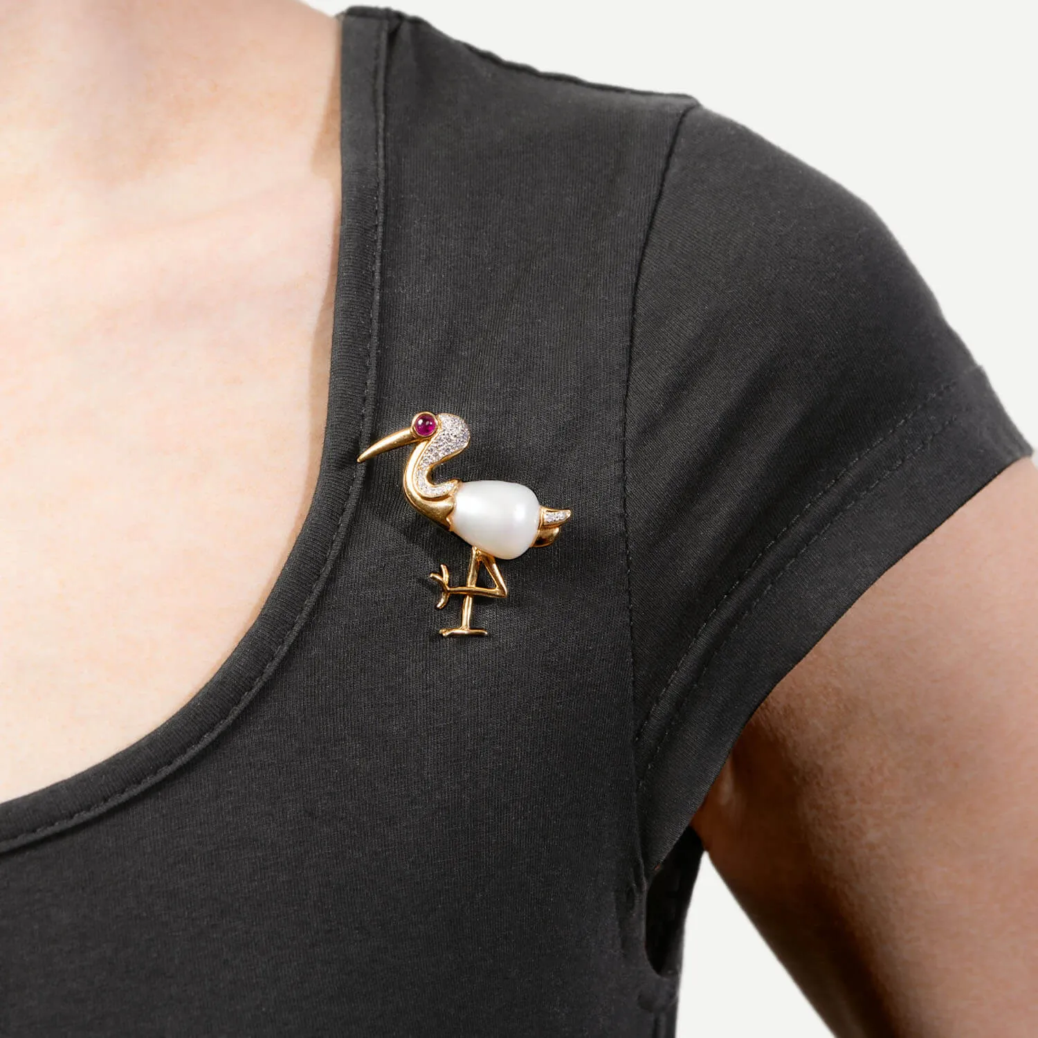 Estate 18k Diamond, Ruby, and Pearl Heron Pin