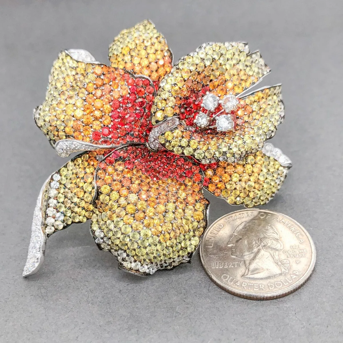 Estate 18K W Gold 14.76cttw Sapphire & 1.80cttw Diamond Flower Brooch