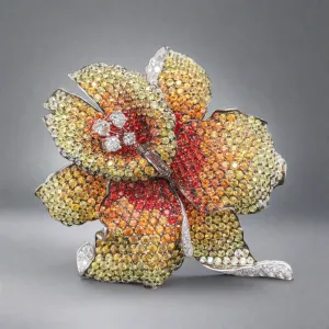 Estate 18K W Gold 14.76cttw Sapphire & 1.80cttw Diamond Flower Brooch