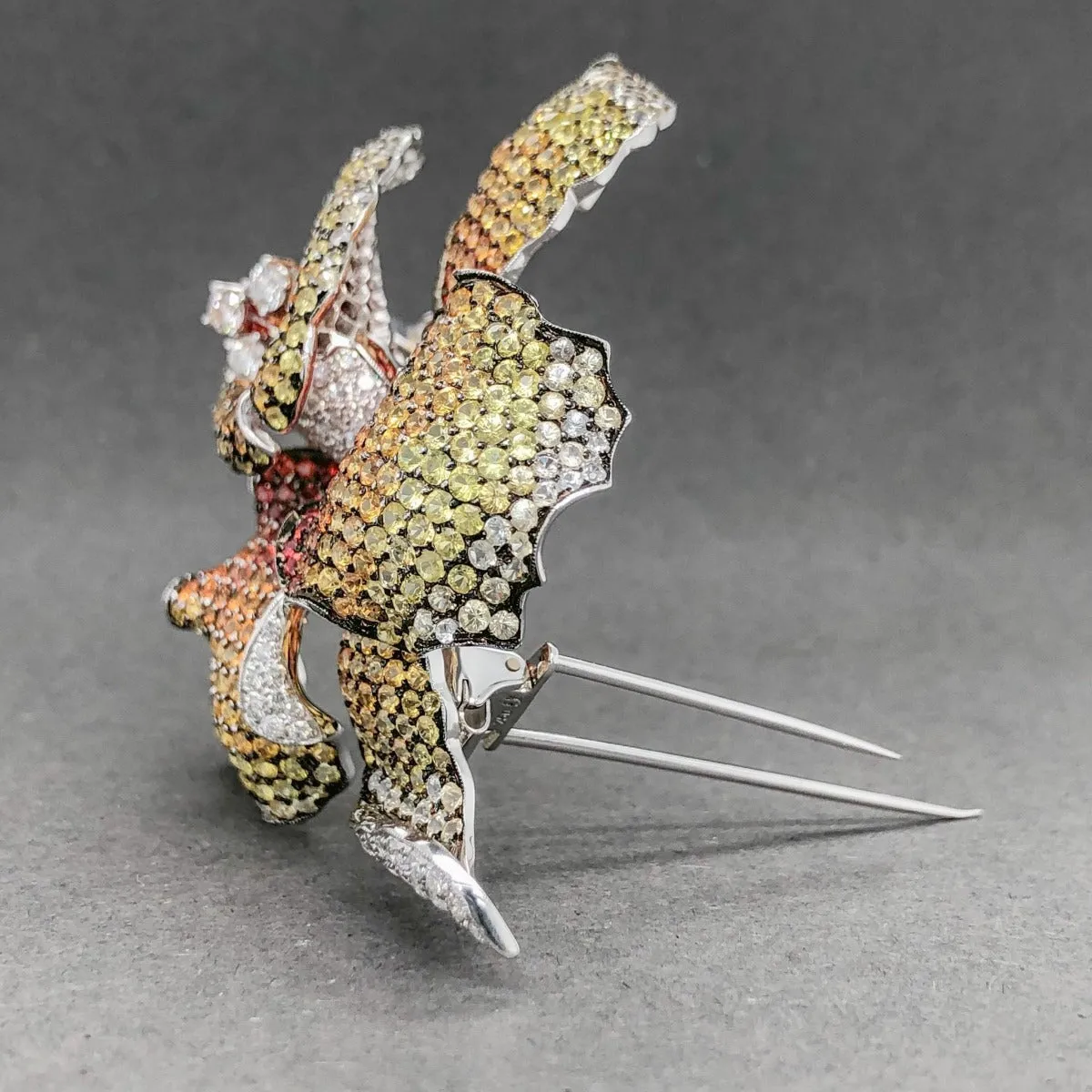 Estate 18K W Gold 14.76cttw Sapphire & 1.80cttw Diamond Flower Brooch