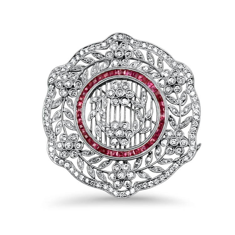 Estate 18K White Gold Diamond & Ruby Brooch/Pendant