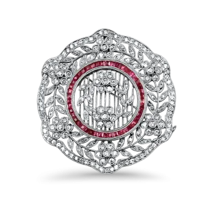 Estate 18K White Gold Diamond & Ruby Brooch/Pendant