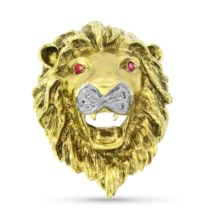 Estate 18k Yellow & White Gold Diamond and Ruby Lion's Head Brooch/Pendant