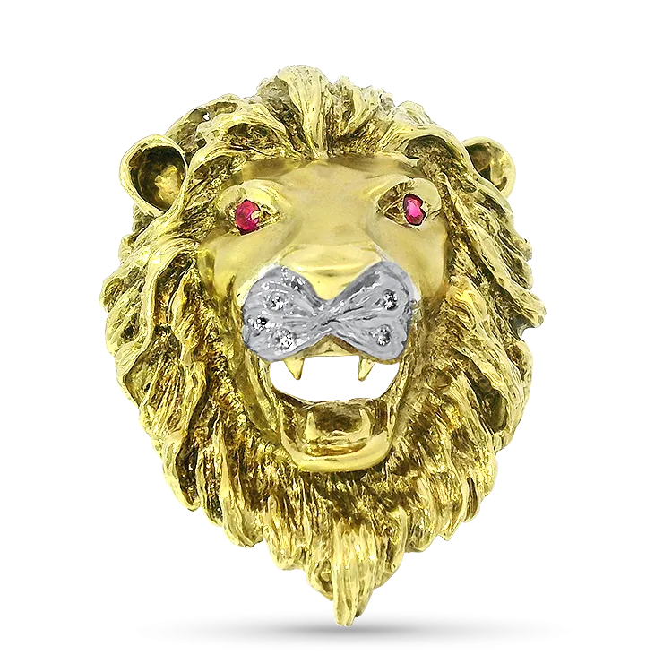 Estate 18k Yellow & White Gold Diamond and Ruby Lion's Head Brooch/Pendant