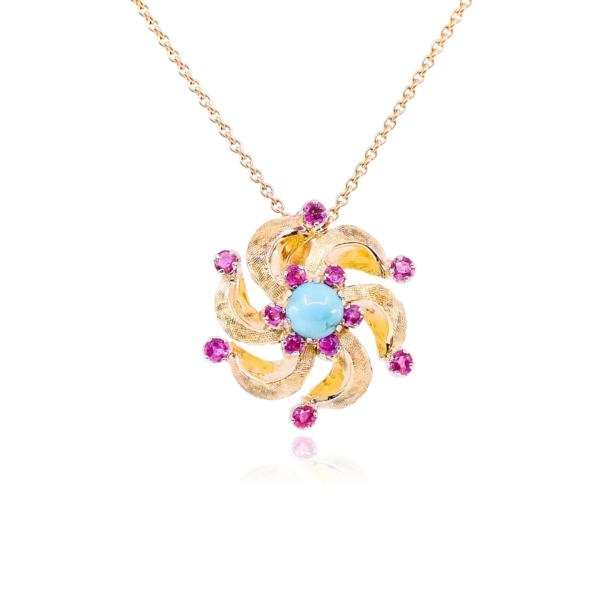ESTATE 18K YELLOW GOLD TURQUOISE AND RUBY PINWHEEL PENDANT NECKLACE