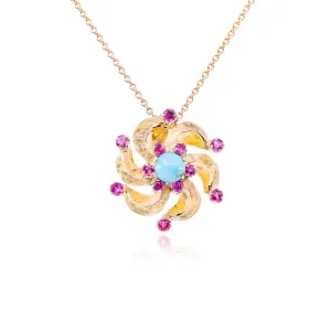 ESTATE 18K YELLOW GOLD TURQUOISE AND RUBY PINWHEEL PENDANT NECKLACE