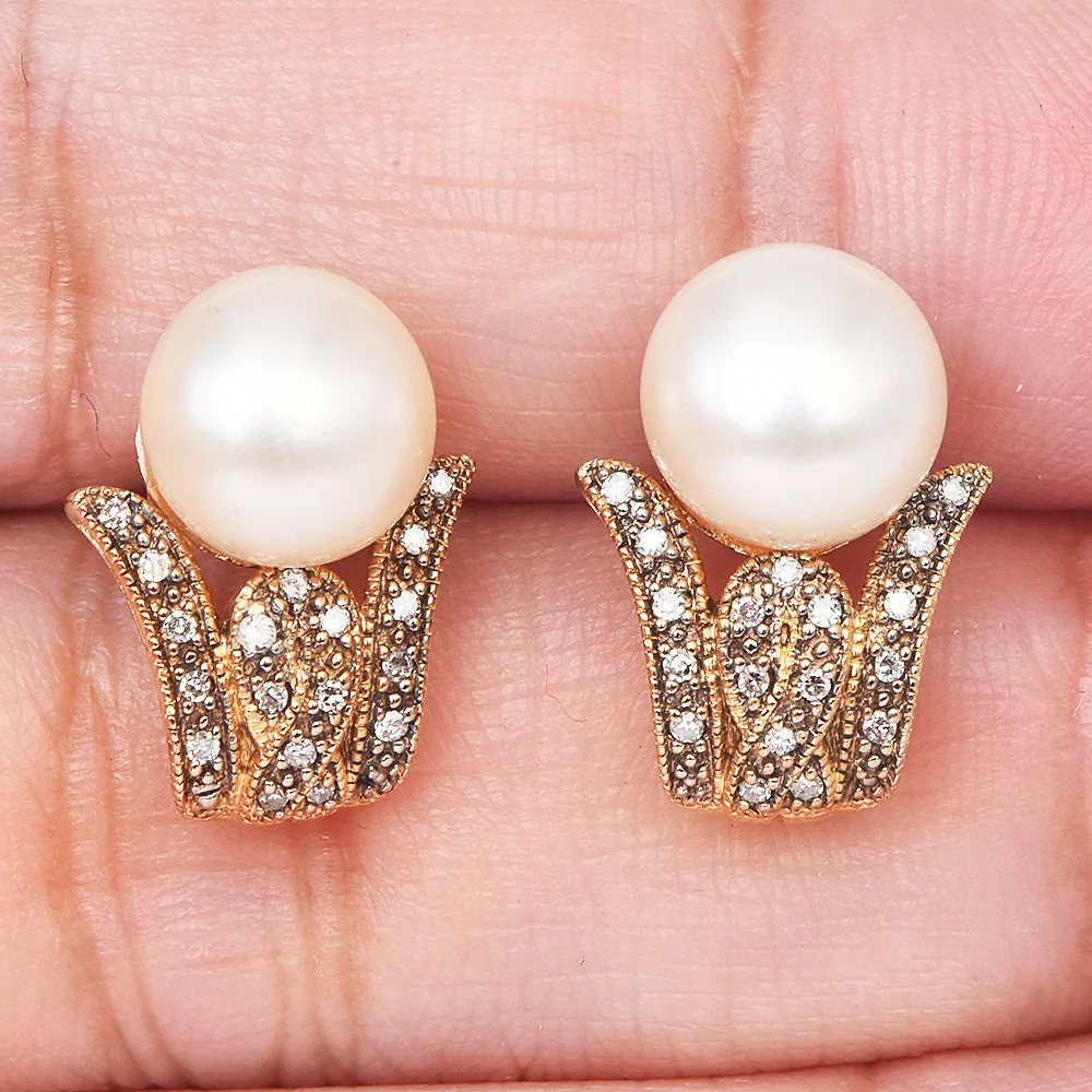 Estate Diamond and Pearl 14K Yellow Gold J-Hoop Earrings