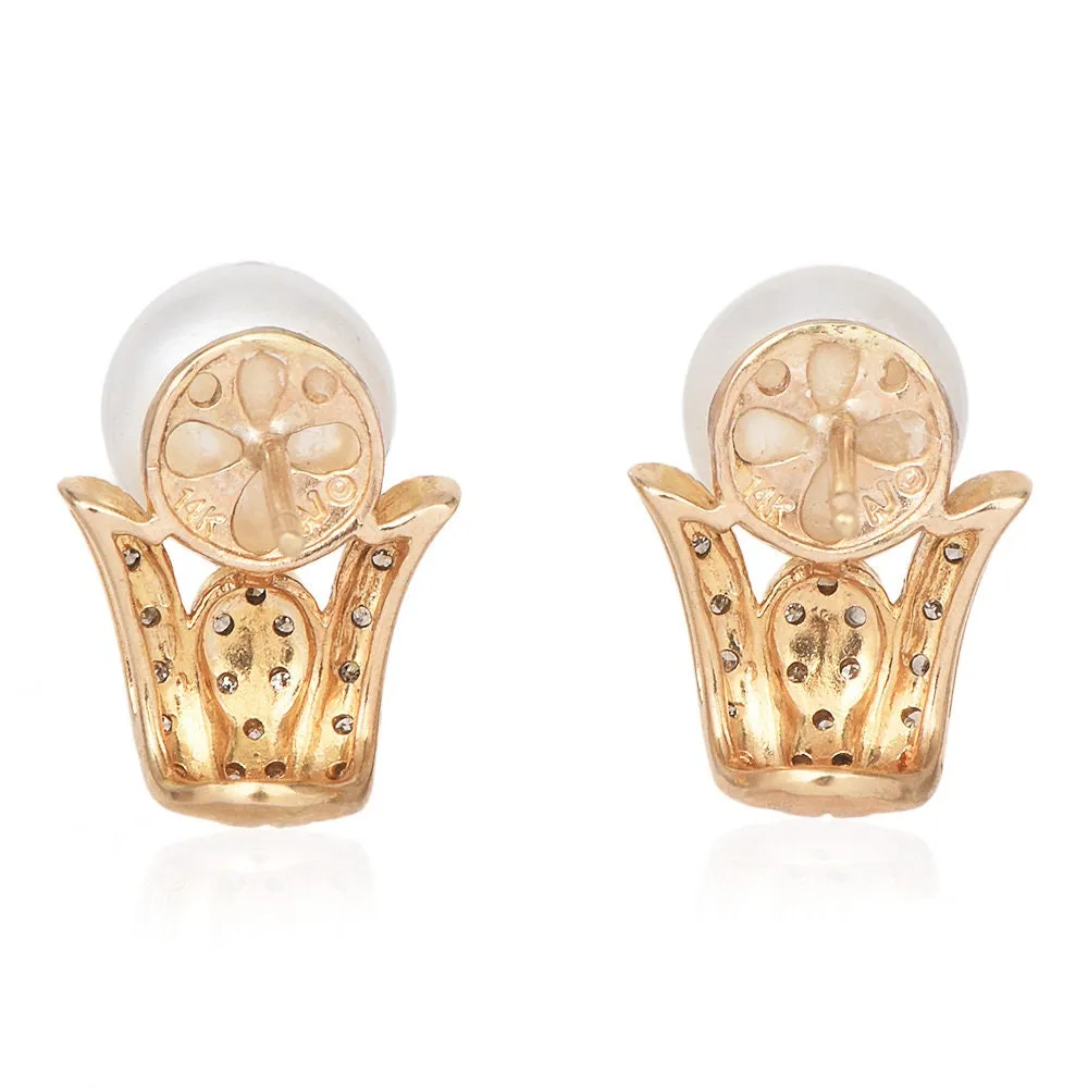 Estate Diamond and Pearl 14K Yellow Gold J-Hoop Earrings