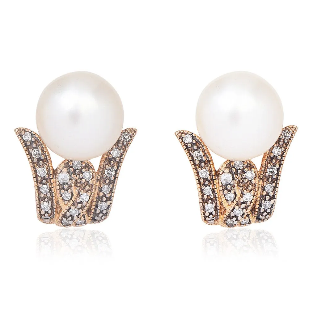 Estate Diamond and Pearl 14K Yellow Gold J-Hoop Earrings