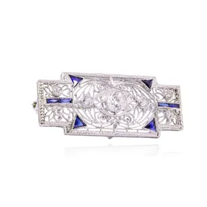 ESTATE PLATINUM ART DECO DIAMOND SYNTHETIC SAPPHIRE BROOCH/PIN