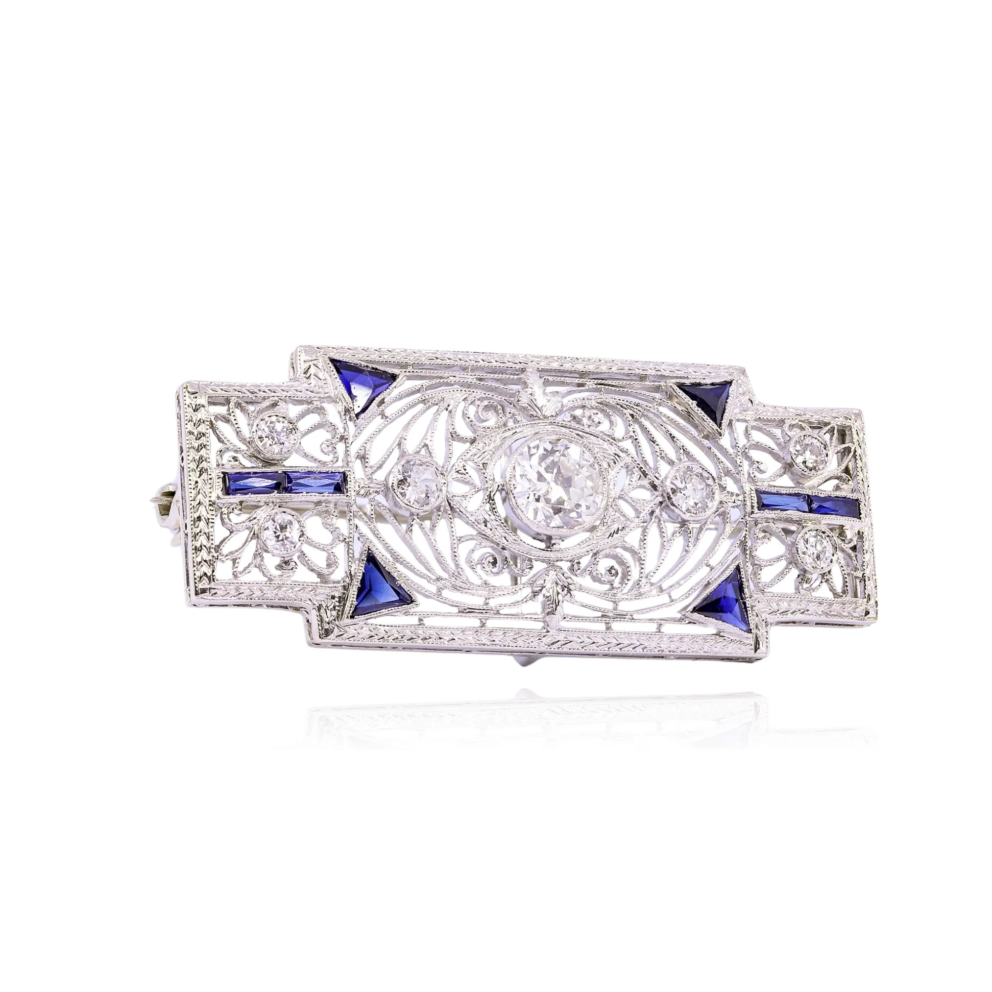 ESTATE PLATINUM ART DECO DIAMOND SYNTHETIC SAPPHIRE BROOCH/PIN