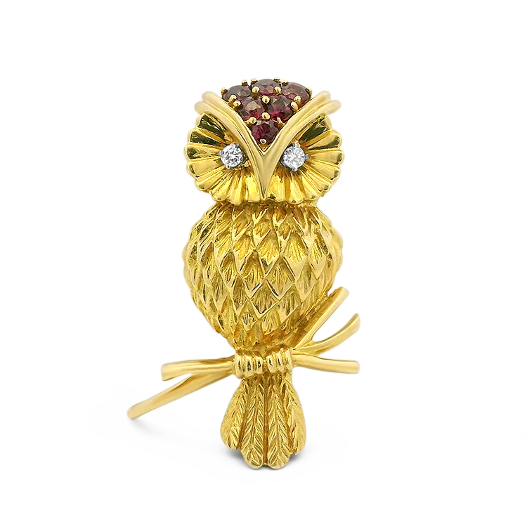 Estate Tiffany & Co. 18k Yellow Gold Ruby & Diamond Owl Brooch
