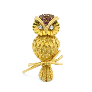 Estate Tiffany & Co. 18k Yellow Gold Ruby & Diamond Owl Brooch