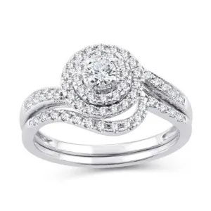 EternalDia 0.50 Ct.Wt. Round Diamond Double Halo Curved Bridal Ring Set 10K White Gold.