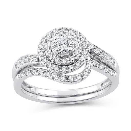EternalDia 0.50 Ct.Wt. Round Diamond Double Halo Curved Bridal Ring Set 10K White Gold.