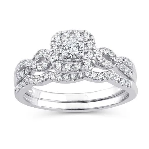 EternalDia 0.50 Ct.Wt. Round Diamond Square Shape Halo Infinity Bridal Set 10K White Gold.