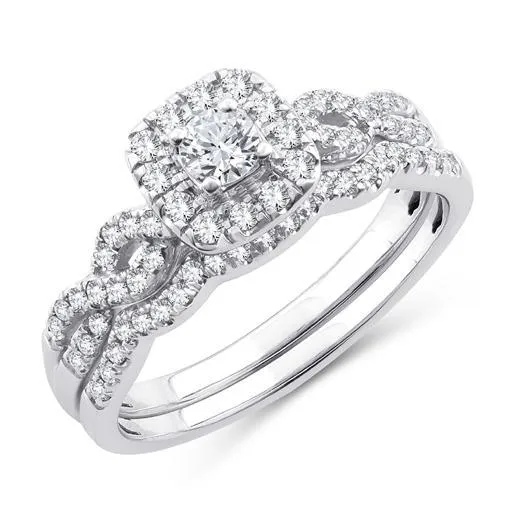 EternalDia 0.50 Ct.Wt. Round Diamond Square Shape Halo Infinity Bridal Set 10K White Gold.