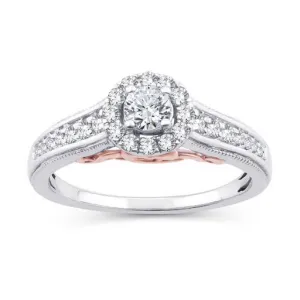 EternalDia 0.50 Ct.Wt. Two-Tone Round Diamond Halo Cathedral Engagement Ring in 10K White Gold (IJ/I2-I3)