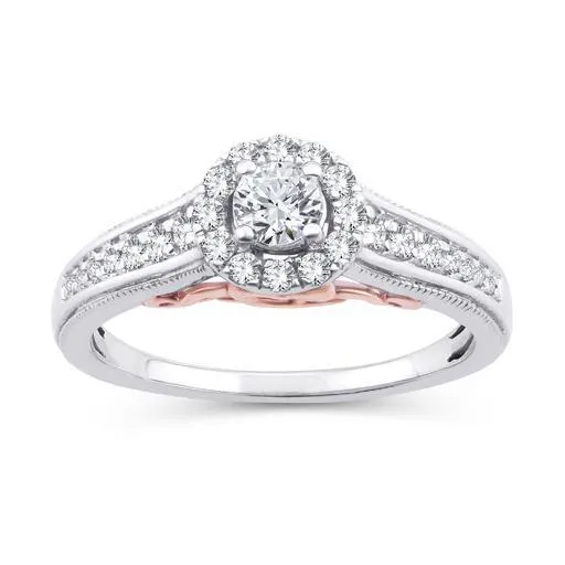 EternalDia 0.50 Ct.Wt. Two-Tone Round Diamond Halo Cathedral Engagement Ring in 10K White Gold (IJ/I2-I3)