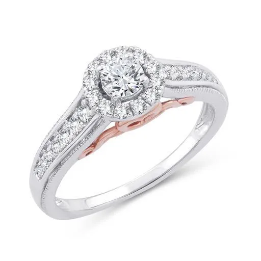 EternalDia 0.50 Ct.Wt. Two-Tone Round Diamond Halo Cathedral Engagement Ring in 10K White Gold (IJ/I2-I3)