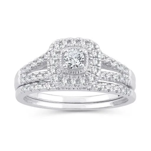 EternalDia 10K White Gold Diamond Split Shank Halo Bridal Set Ring (0.50cttw,I2-I3/IJ)