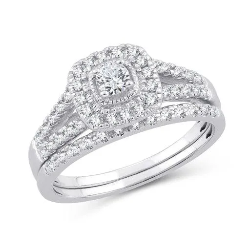 EternalDia 10K White Gold Diamond Split Shank Halo Bridal Set Ring (0.50cttw,I2-I3/IJ)
