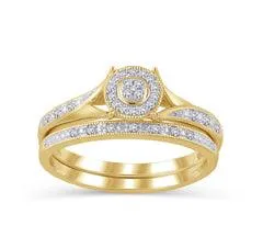 EternalDia 10K White Gold Round Halo Frame Diamond Vintage-Style Bridal Set (0.10ct, IJ/I3)
