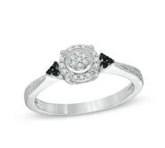 EternalDia 1/10 Cttw Black & Diamond Round Halo Promise Ring in 10K White Gold (IJ/I2I3)