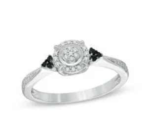 EternalDia 1/10 Cttw Black & Diamond Round Halo Promise Ring in 10K White Gold (IJ/I2I3)