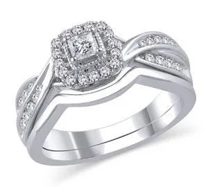 EternalDia 1/2 Ct Princess Cut Diamond Cushion shaped Bypass Bridal Set in 14K White Gold