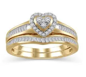 EternalDia 1/3 Ct Round and Baguette Diamond Heart Shape Engagement Bridal Set in 10K Gold