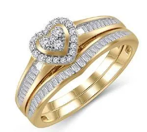 EternalDia 1/3 Ct Round and Baguette Diamond Heart Shape Engagement Bridal Set in 10K Gold