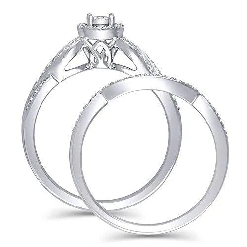 EternalDia 3/8 Ct.tw. Diamond Halo Twisted Engagement Bridal Ring Set in 14K White Gold (HI/I2)