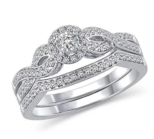 EternalDia 3/8 Ct.tw. Diamond Halo Twisted Engagement Bridal Ring Set in 14K White Gold (HI/I2)