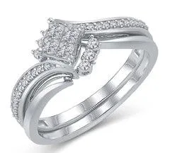 EternalDia 925 Silver Princess-Cut 1/3 Cttw Diamond Bypass Engagement Bridal Ring Set (IJ/I3)