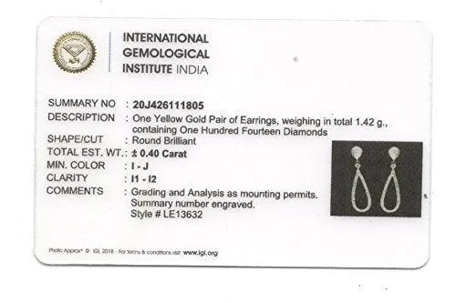 EternalDia IGI Certified Tear Drop Round Diamond Accent Dangling Earrings In 10K Yellow Gold (0.4 Cttw)