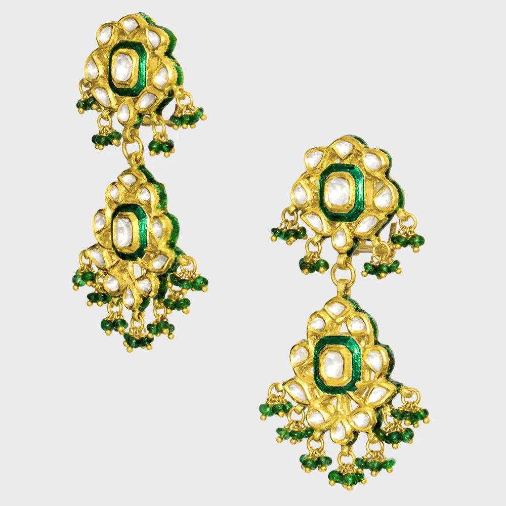 Exquisite traditional green Meenakari necklace and earring set, adorned with dazzling diamond Polki and elegant emerald bead hangings - KMNE3525