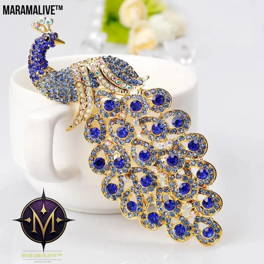 Extra Large Sapphire Crystal Rhinestone Peacock Brooch