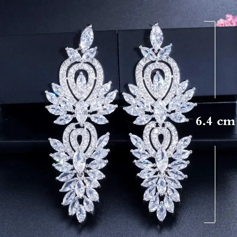 Fashion Shiny Cubic Zirconia Long Leaf Drop Earrings for Women Trendy Bridal Party Dress Jewelry
