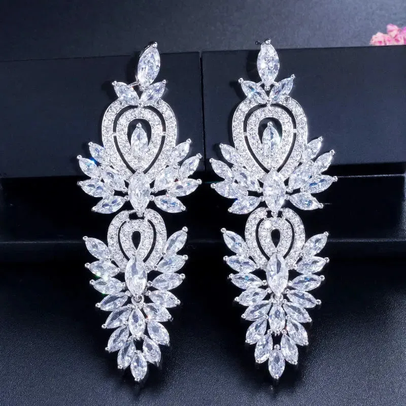 Fashion Shiny Cubic Zirconia Long Leaf Drop Earrings for Women Trendy Bridal Party Dress Jewelry