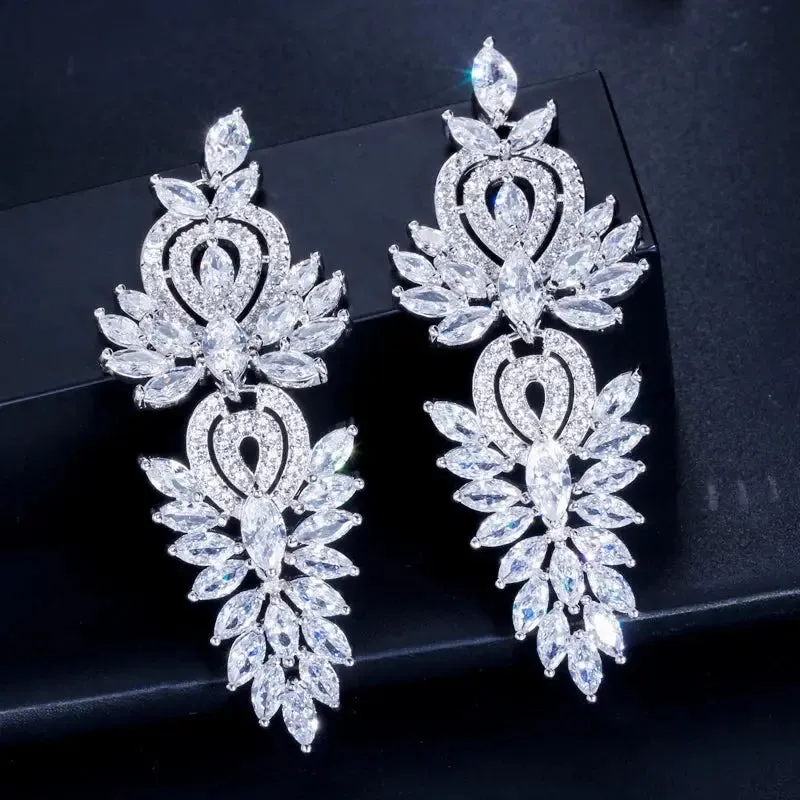 Fashion Shiny Cubic Zirconia Long Leaf Drop Earrings for Women Trendy Bridal Party Dress Jewelry