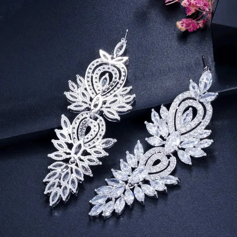 Fashion Shiny Cubic Zirconia Long Leaf Drop Earrings for Women Trendy Bridal Party Dress Jewelry