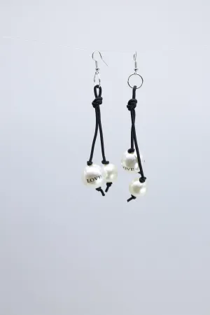 Faux Pearl "Love" on 2 Leatherette Strands Earrings - White