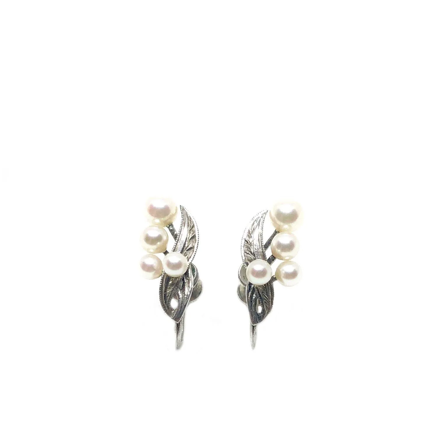 Floral Fuji Pearl Designer Akoya Saltwater Cultured Pearl Screwback Earrings- Sterling Silver