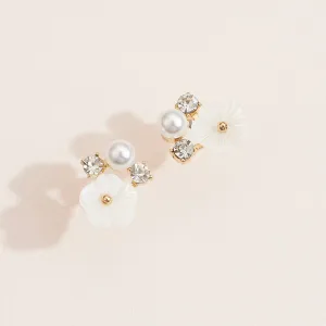 Floral Pearl & Crystal Gold Stud Earrings
